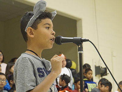 boy in mouse ears at microphone